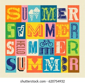 Hola Afiche tipográfico de verano colorido con efectos de grunge y fuentes de estilo vintage.