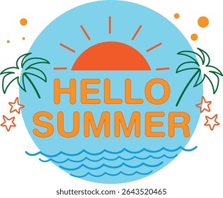 Hello Summer – Colorful Vector Design with Tropical Elements

Fun and colorful "Hello Summer" vector design featuring tropical elements such as palm trees, sun, beach accessories, and vibrant col