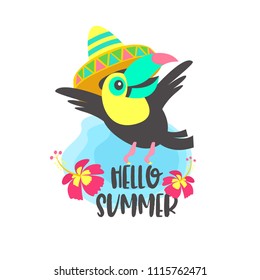 Hello summer. Colorful vector illustration. Cheerful bright Toucan in a Mexican hat.