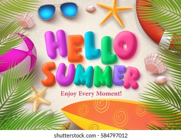 Hello summer colorful vector text in banner design with palm leaves, beach ball and starfish in the sand background for seasonal holiday. Vector illustration.
