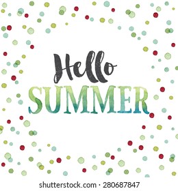 Hello Summer in colorful watercolor dots background. Greeting card or invitation template with oval shape. Real watercolor painting.