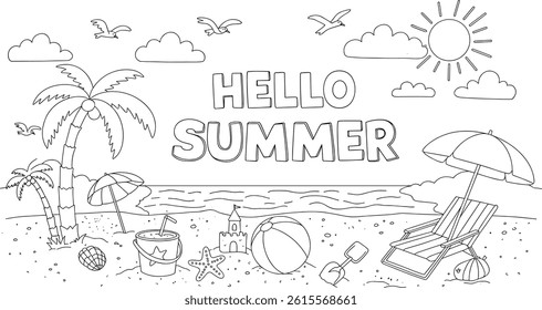 hello summer coloring page in A4 size, beach theme. You can print it on standard A4 paper at 300 dpi for high-quality printing.