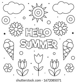 Verano Adiós. Página colorear. Ilustración vectorial en blanco y negro.