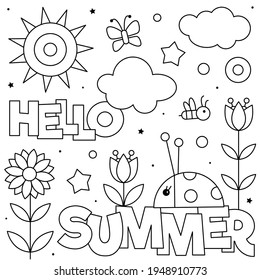 Hello Summer. Coloring page. Black and white vector illustration