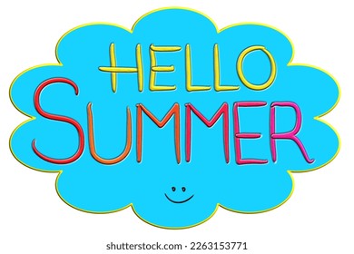 Hello Summer, colourful hand written words on blue cloud shape, illustration isolated on background