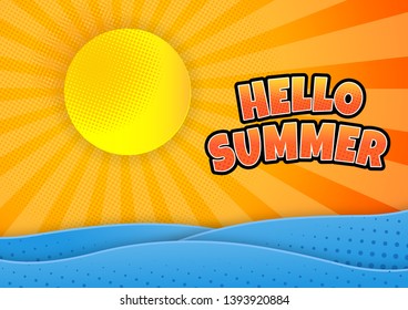 hello summer comic of seascape view sunset.summertime season landscape with sea wave surface.vector illustration