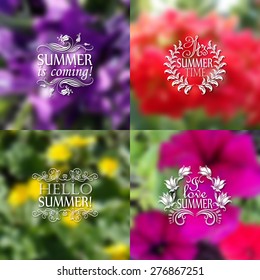 Hello Summer is coming, I love, It's Summer time. Typographic design with text, filigree floral frame, shadow on blurred background for greeting card, poster. Vector illustration EPS 10.