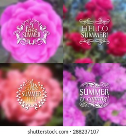 Hello Summer is coming, I love, It's Summer time. Typographic design with text, filigree floral frame, shadow on blurred background for greeting card, poster. Vector illustration EPS 10.