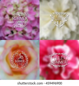 Hello Summer is coming, I love, It's Summer time. Typographic design with text, filigree floral frame, shadow on blurred background for greeting card, poster. Vector illustration EPS 10.