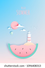 Hello summer concept art in paper art style with pastel color scheme vector illustration