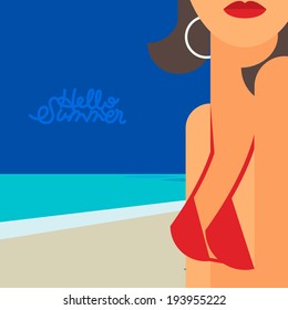 Hello Summer - concept background, beautiful woman in bikini sunbathing at the seaside. Vector image. 