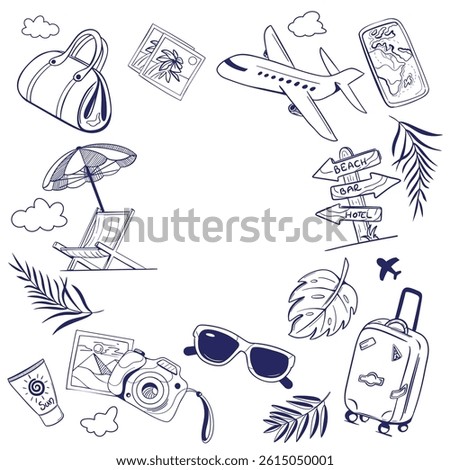 Hello, Summer concept background. A collection of hand-drawn summer, vacation, and travel icons in a doodle naive style. Vector illustration of summer travel vacation concept.

