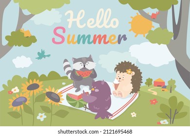 Hello summer concept background. Cute animals greeting summertime. Raccoon and owl eat watermelon, hedgehog eats ice cream. Friends spend time on picnic. Vector illustration in flat cartoon design