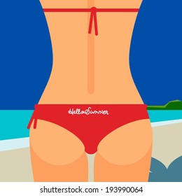 Hello Summer - concept background, female backside in a red swimsuit. Vector image. 