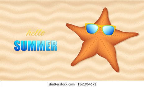 Hello Summer concept background with starfish in seashore, vector illustration
