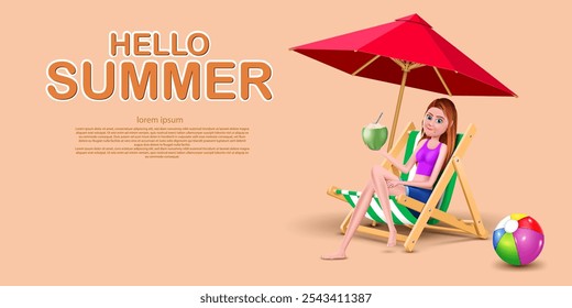 hello summer concept background,advertising and marketing banner vector illustration.cute girl drinking coconut water under beach umbrella.