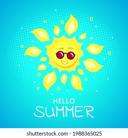Hello Summer Concept Banner With Funky Smiling Sun Character Wearing Sunglasses. Flat Style Vector Illustration on Blue Background.