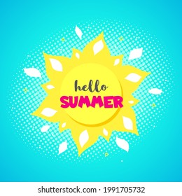 Hallo Summer Concept Banner mit leuchtender Sonne und Halftones auf Hintergrund. Flache Vektorgrafik auf blauem Hintergrund.