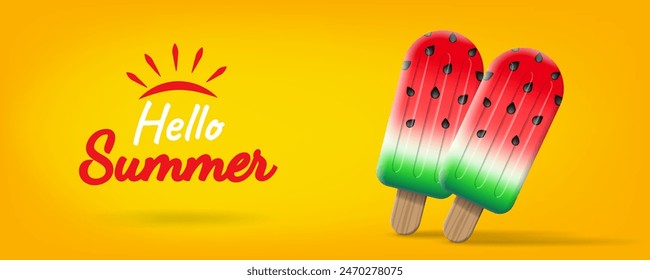 hello summer concept banner with watermelon ice cream sticks popsicles on yellow background vector illustration