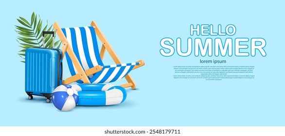 hello summer concept banner,poster propaganda background vetor illustration.beach chair,bagagem de viagem,anel de natação e praia ball decorativo férias de verão pano de fundo.