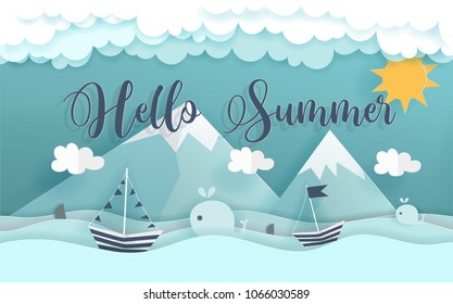 Hello summer concept with beach and boat with mountain background, color full paper art vector illustration.
