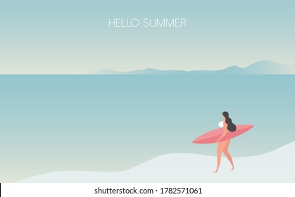 Hello summer concept. Beautiful bikini girl holding surfboard, surfing on beach in summer day vector illustration. Summer surfing, enjoy summer holidays beach concept background