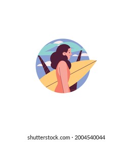 Hallo Sommerkonzept. Schönes Bikini Mädchen mit Surfbrett, Surfen am Strand im Sommer Vektorgrafik.