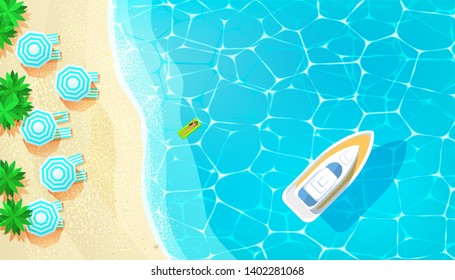 Hello Summer concept. Boat on the blue sea top view. Vector illustration.