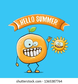 Hello summer concept with cartoon orange character and sun isolated on blue background. vector citrus fruit summer food character 