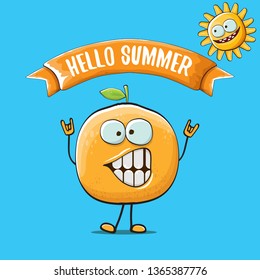 Hello summer concept with cartoon orange character and sun isolated on blue background. vector citrus fruit summer food character 