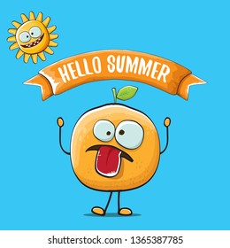 Hello summer concept with cartoon orange character and sun isolated on blue background. vector citrus fruit summer food character 