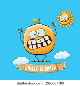 Hello summer concept with cartoon orange character and sun isolated on blue background. vector citrus fruit summer food character 