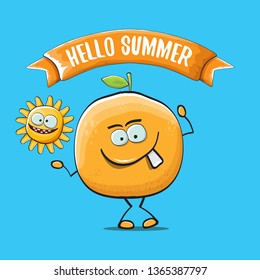 Hello summer concept with cartoon orange character and sun isolated on blue background. vector citrus fruit summer food character 