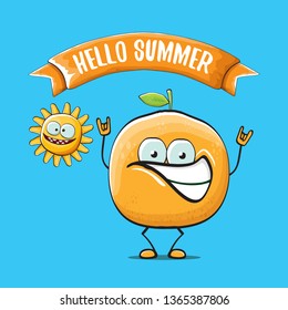 Hello summer concept with cartoon orange character and sun isolated on blue background. vector citrus fruit summer food character 
