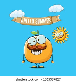 Hello summer concept with cartoon orange character and sun isolated on blue background. vector citrus fruit summer food character 