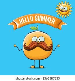 Hello summer concept with cartoon orange character and sun isolated on blue background. vector citrus fruit summer food character 