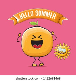Hello summer concept with cartoon orange character and sun isolated on pink background. vector citrus fruit summer food character