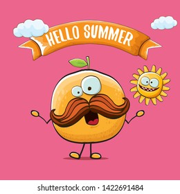 Hello summer concept with cartoon orange character and sun isolated on pink background. vector citrus fruit summer food character