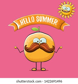 Hello summer concept with cartoon orange character and sun isolated on pink background. vector citrus fruit summer food character