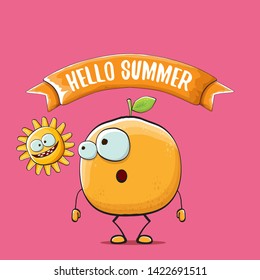 Hello summer concept with cartoon orange character and sun isolated on pink background. vector citrus fruit summer food character