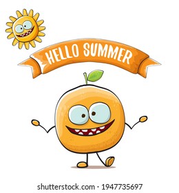 Hello summer concept with cartoon orange character and sun isolated on white background. vector citrus fruit summer food character