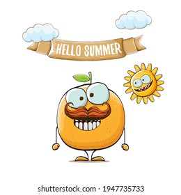 Hello summer concept with cartoon orange character and sun isolated on white background. vector citrus fruit summer food character