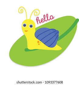 Hello Summer concept. Cute cartoon snail sitting on green leaf. 
Cute icon. Cartoon funny character. Smiling face. White background. 
Isolated. Baby illustration. Flat design.