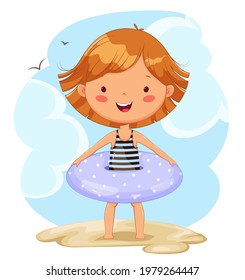 Hello summer concept. Cute little girl cartoon character with inflatable ring. Stock vector illustration