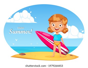 Hello summer concept. Cute little girl cartoon character with surfboard. Stock vector illustration