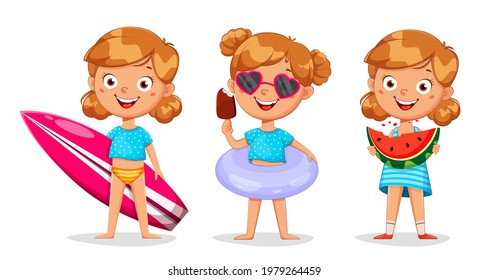 Hello summer concept. Cute little girl cartoon character, set of three poses. Stock vector illustration on white background