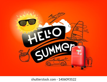 Hello summer concept with cute sun and red handbag. Vector illustration