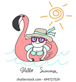 Hello summer concept with cute woman wearing sunglasses and bikini swimming in pink flamingo inflatable swimming ring. Vector illustration with hand-drawn style.