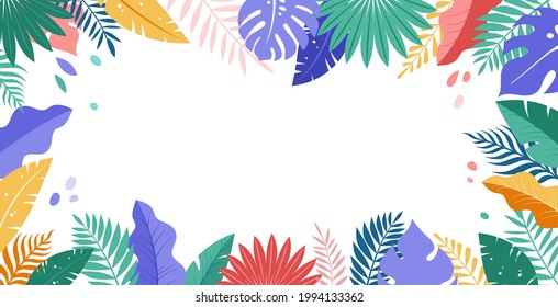 Hello Summer concept design, abstract illustration with jungle exotic leaves, colorful design, summer background and banner