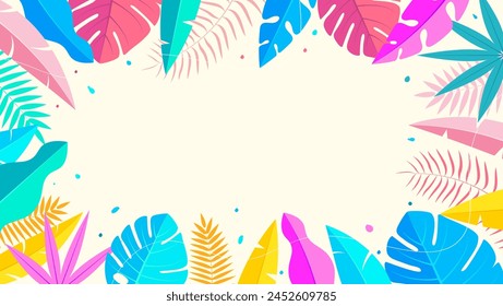 "Hello Summer" concept design with abstract illustrations on a background of exotic forest leaves, colorful designs, as well as summer backgrounds and banners.